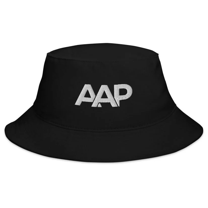 Black bucket hat with abbreviated Ask A Psycholinguist™ AAP logo on the front