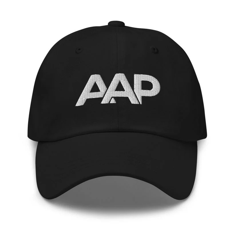 Black dad hat with abbreviated Ask A Psycholinguist™ AAP logo on the front