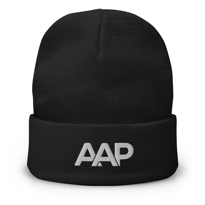 Black beanie hat with abbreviated Ask A Psycholinguist™ AAP logo on the front
