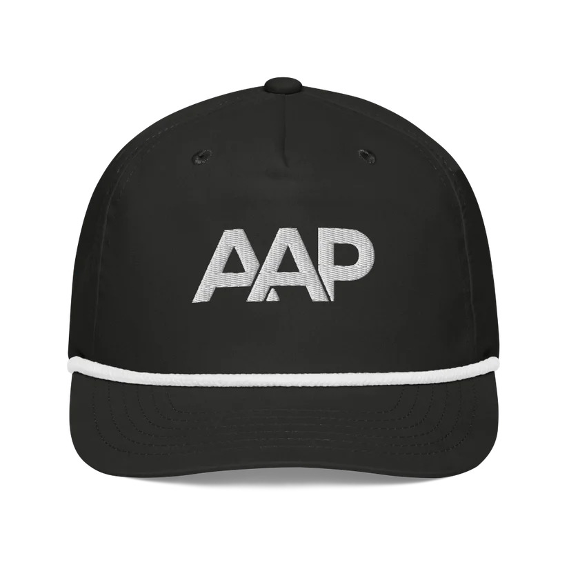 Black golf cap with abbreviated Ask A Psycholinguist™ AAP logo on the front
