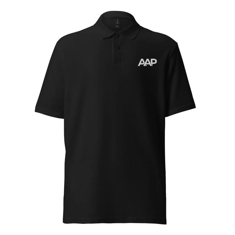Black polo shirt with abbreviated Ask A Psycholinguist™ AAP logo on the front