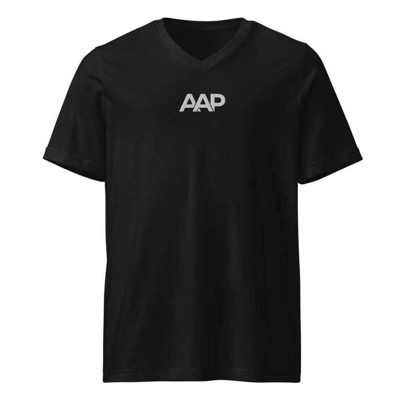 Black V-Neck shirt with abbreviated Ask A Psycholinguist™ AAP logo on the front